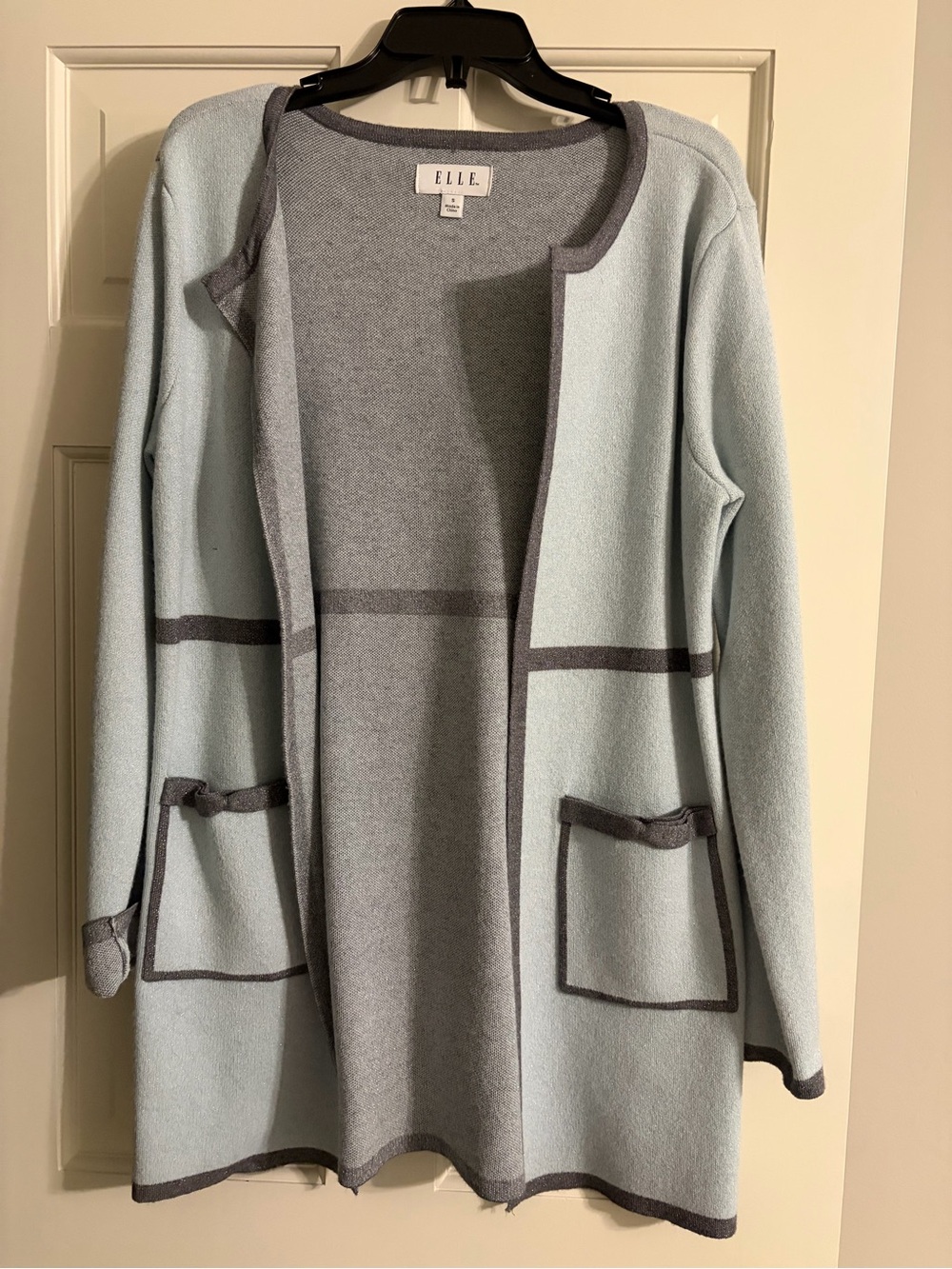ELLE Pale Blue and Gray Open-Front Pocket Cardigan